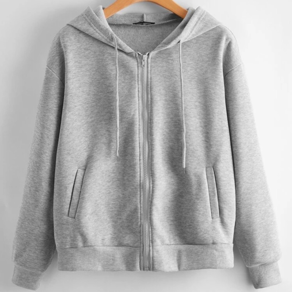 Drop Shoulder Zip Up Drawstring Hoodie